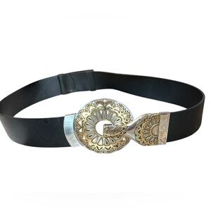 Chico's Black Waist Belt with Silver and Gold Buckle Ladies S Wide Dressy